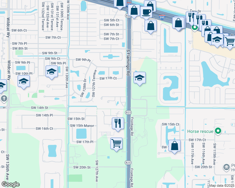 map of restaurants, bars, coffee shops, grocery stores, and more near 12520 Lake Road in Davie