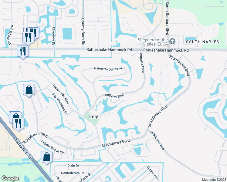 map of restaurants, bars, coffee shops, grocery stores, and more near 415 Augusta Boulevard in Naples