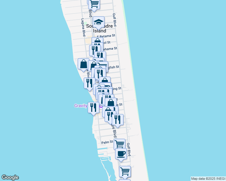 map of restaurants, bars, coffee shops, grocery stores, and more near 128 East Whiting Street in South Padre Island