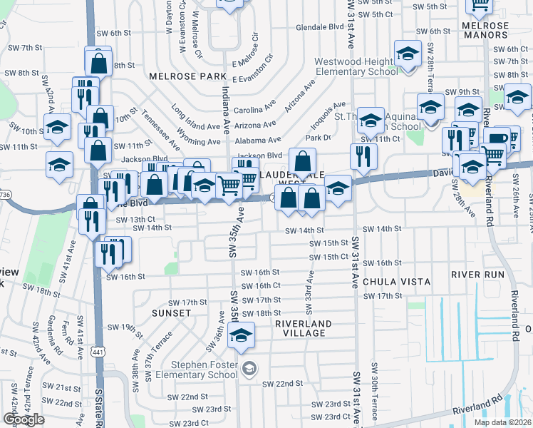 map of restaurants, bars, coffee shops, grocery stores, and more near 3390 Davie Boulevard in Fort Lauderdale