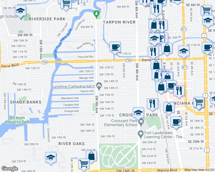 map of restaurants, bars, coffee shops, grocery stores, and more near 819 Southwest 14th Court in Fort Lauderdale