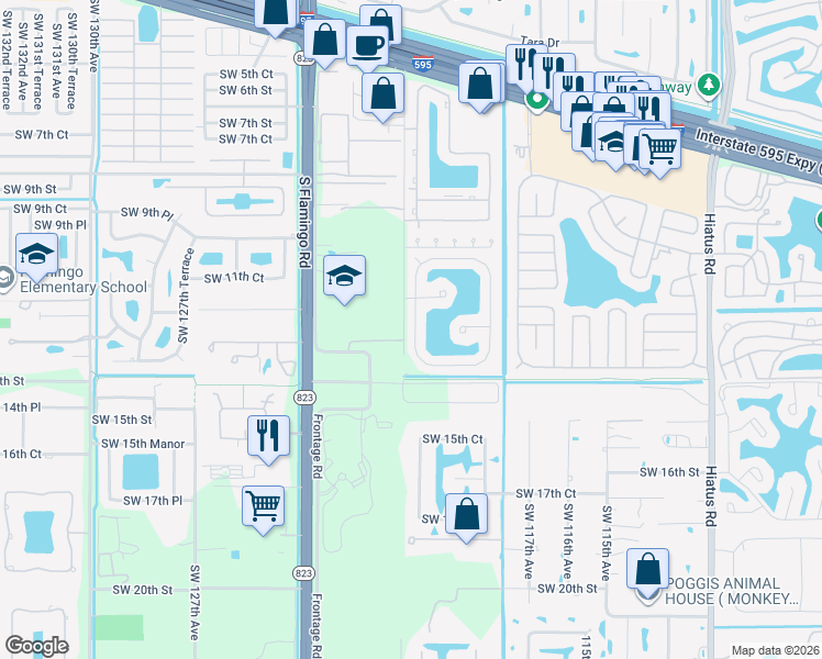 map of restaurants, bars, coffee shops, grocery stores, and more near 1213 Southwest 121st Avenue in Davie