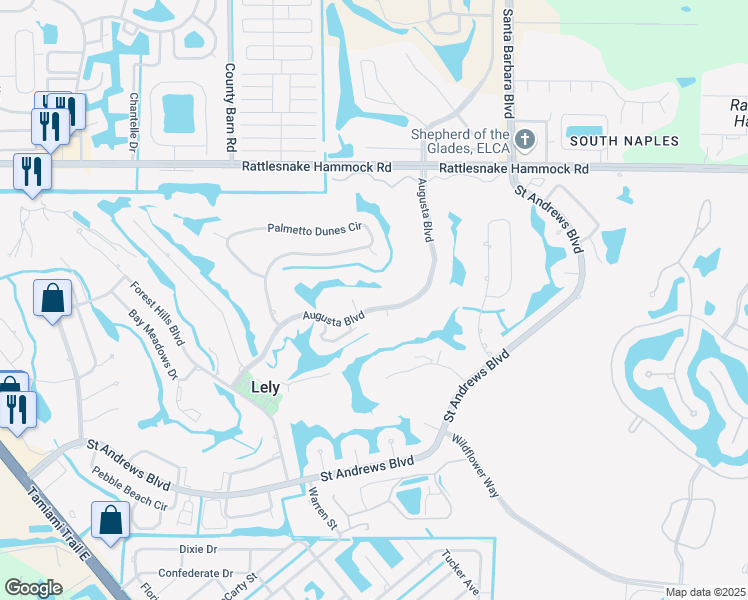 map of restaurants, bars, coffee shops, grocery stores, and more near 545 Augusta Boulevard in Naples