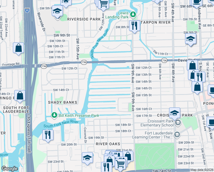 map of restaurants, bars, coffee shops, grocery stores, and more near 1213 Avocado Isle in Fort Lauderdale