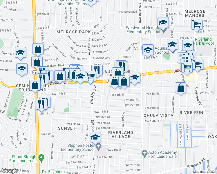 map of restaurants, bars, coffee shops, grocery stores, and more near 3300 Davie Boulevard in Fort Lauderdale