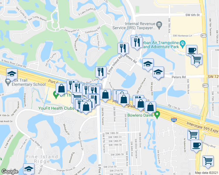 map of restaurants, bars, coffee shops, grocery stores, and more near 1240 South Pine Island Road in Plantation