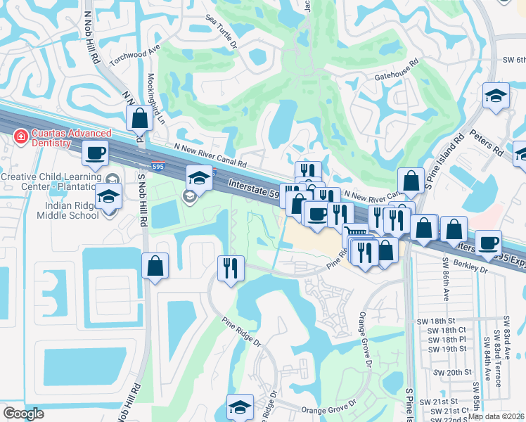 map of restaurants, bars, coffee shops, grocery stores, and more near 10200 Florida 84 in Davie
