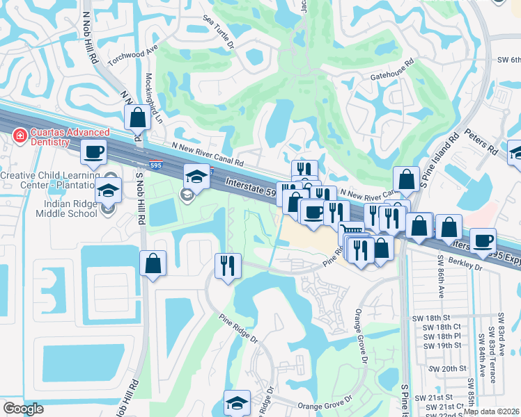map of restaurants, bars, coffee shops, grocery stores, and more near 10200 Florida 84 in Davie