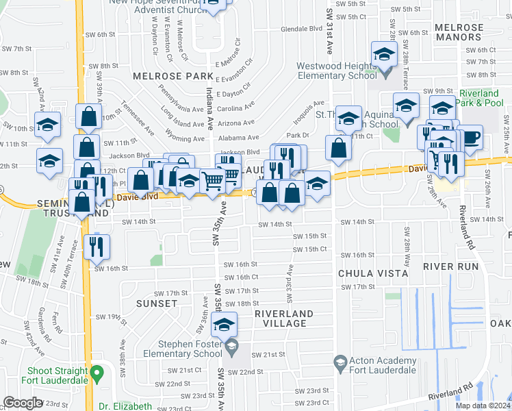 map of restaurants, bars, coffee shops, grocery stores, and more near 3300 Davie Boulevard in Fort Lauderdale