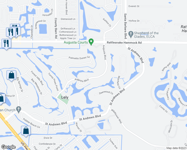 map of restaurants, bars, coffee shops, grocery stores, and more near 575 Augusta Boulevard in Naples