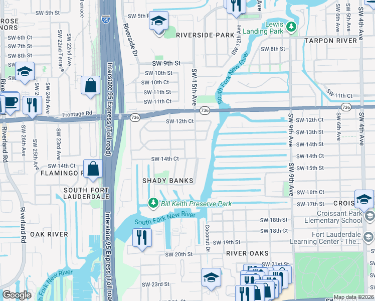 map of restaurants, bars, coffee shops, grocery stores, and more near 1401 Southwest 15th Avenue in Fort Lauderdale