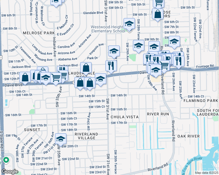 map of restaurants, bars, coffee shops, grocery stores, and more near 1300 Southwest 31st Avenue in Fort Lauderdale