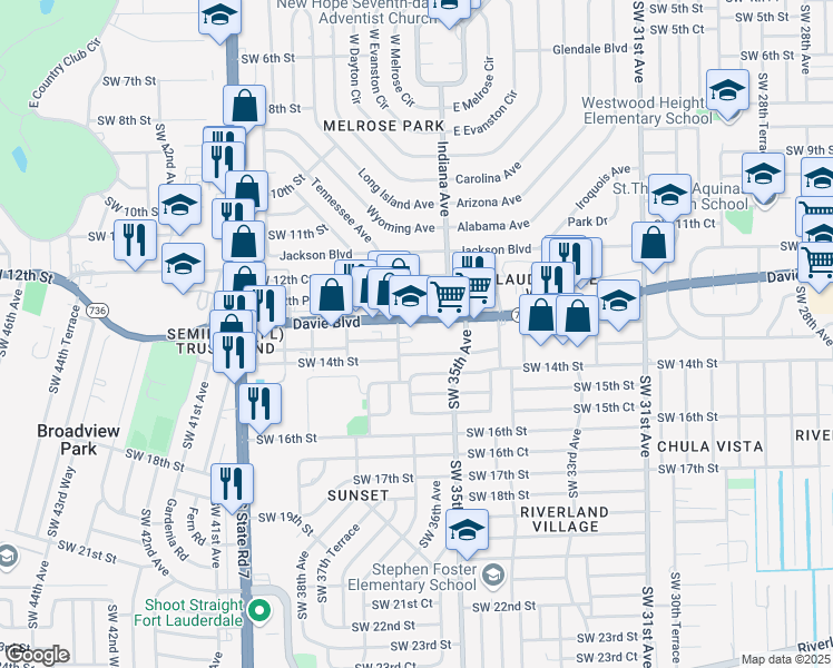 map of restaurants, bars, coffee shops, grocery stores, and more near 3550 Davie Boulevard in Fort Lauderdale