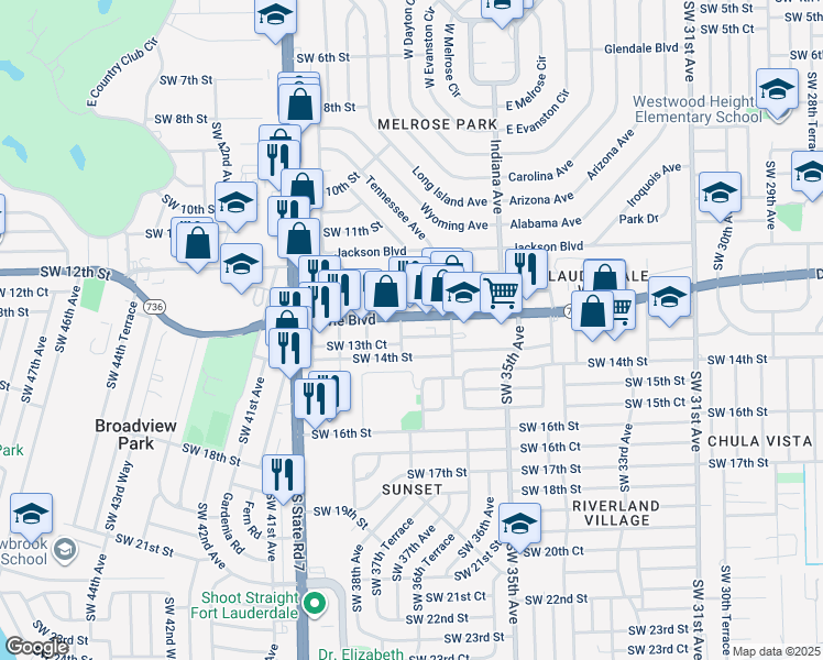 map of restaurants, bars, coffee shops, grocery stores, and more near 3666 Davie Boulevard in Fort Lauderdale