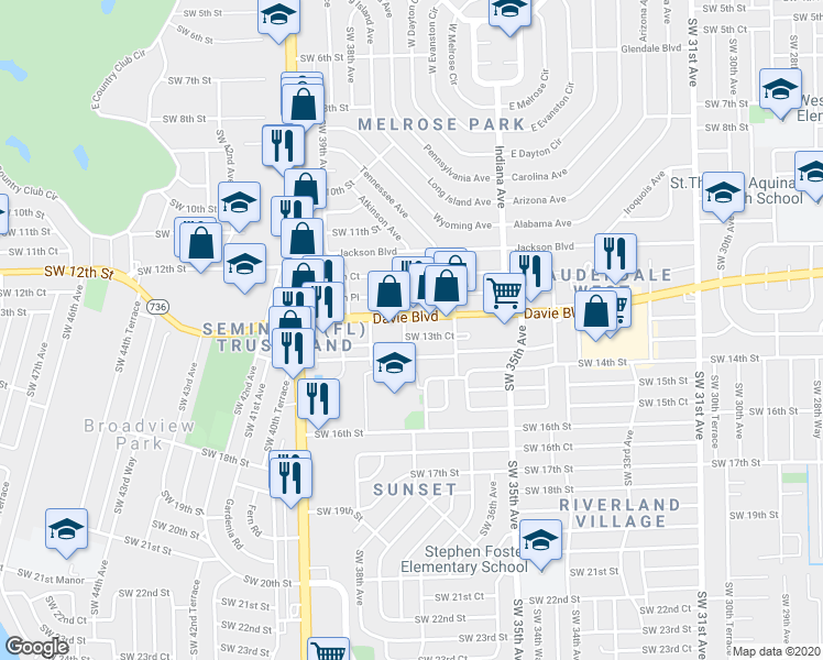 map of restaurants, bars, coffee shops, grocery stores, and more near 3666 Davie Boulevard in Fort Lauderdale