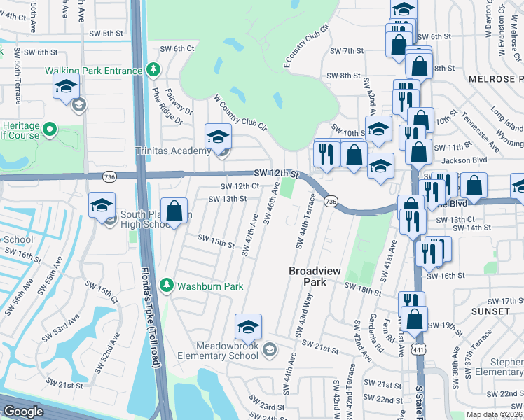 map of restaurants, bars, coffee shops, grocery stores, and more near 1310 Southwest 47th Avenue in Fort Lauderdale