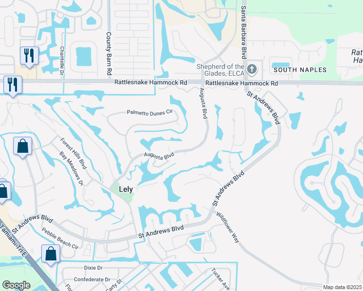 map of restaurants, bars, coffee shops, grocery stores, and more near 575 Augusta Boulevard in Naples