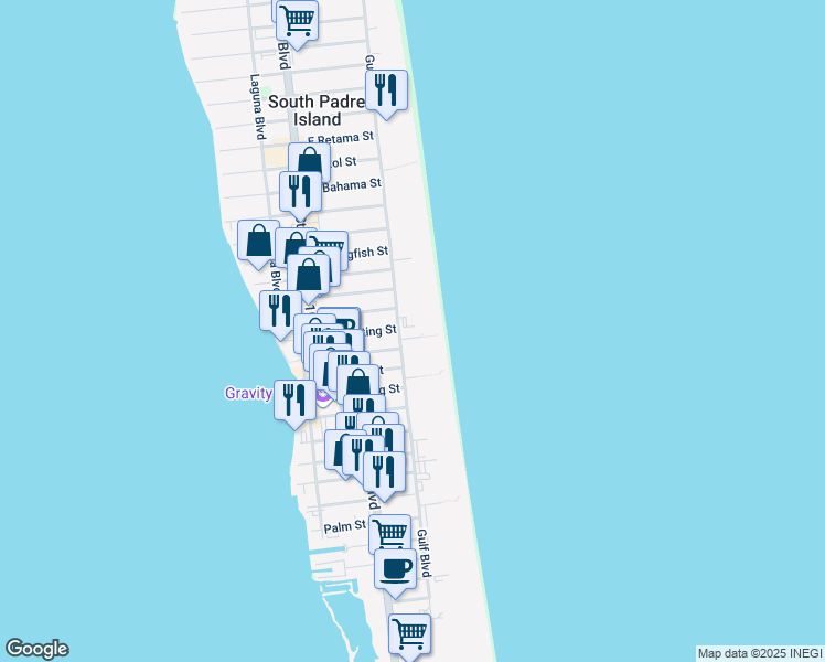 map of restaurants, bars, coffee shops, grocery stores, and more near 2700 Gulf Boulevard in South Padre Island