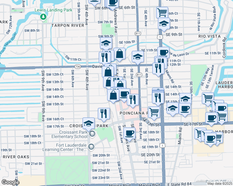 map of restaurants, bars, coffee shops, grocery stores, and more near 99 Southwest 14th Street in Fort Lauderdale