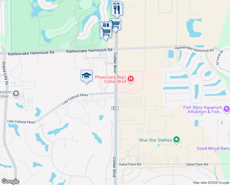 map of restaurants, bars, coffee shops, grocery stores, and more near 7007 Lely Cultural Parkway in Naples