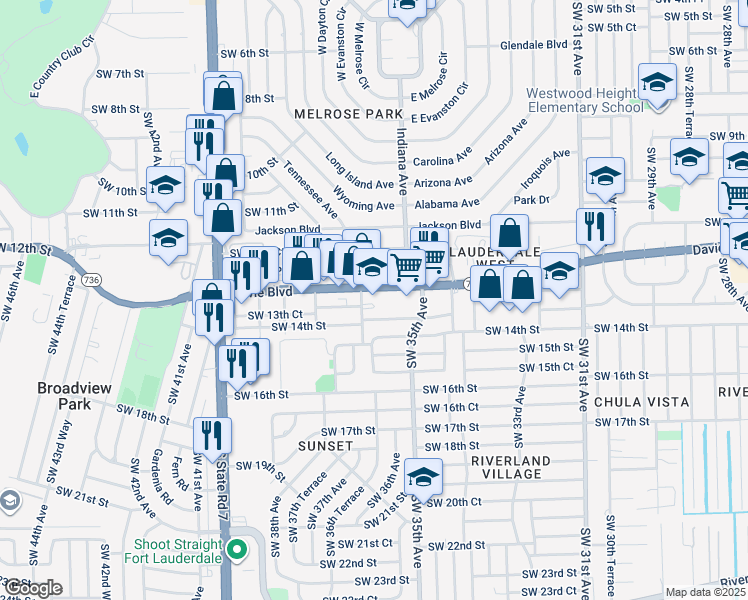 map of restaurants, bars, coffee shops, grocery stores, and more near 3550 Davie Boulevard in Fort Lauderdale