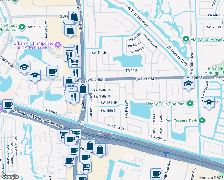map of restaurants, bars, coffee shops, grocery stores, and more near 1400 Southwest 74th Avenue in Plantation