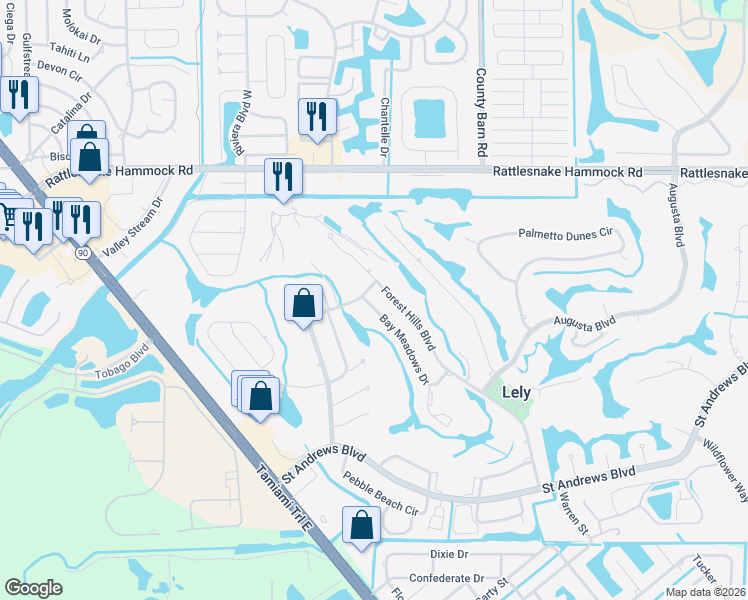 map of restaurants, bars, coffee shops, grocery stores, and more near 248 Pebble Beach Boulevard in Naples