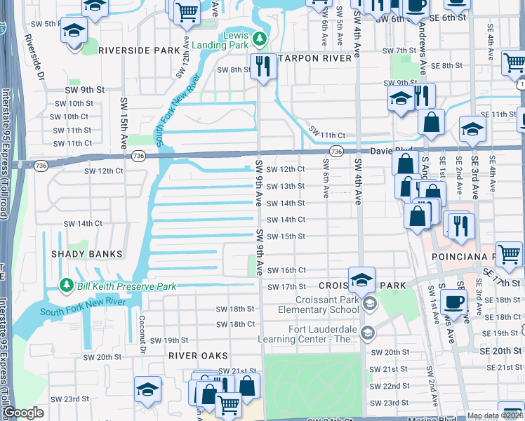 map of restaurants, bars, coffee shops, grocery stores, and more near 838 Southwest 14th Street in Fort Lauderdale
