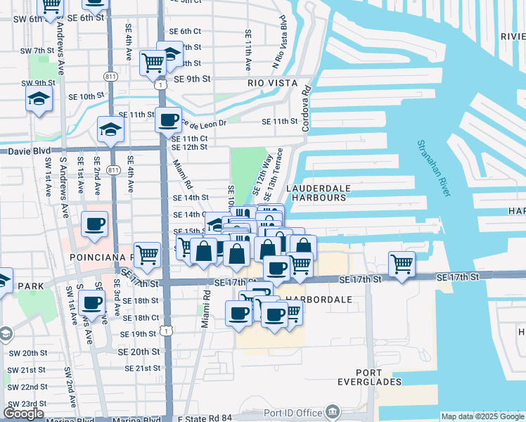 map of restaurants, bars, coffee shops, grocery stores, and more near 1356 Southeast 12th Way in Fort Lauderdale