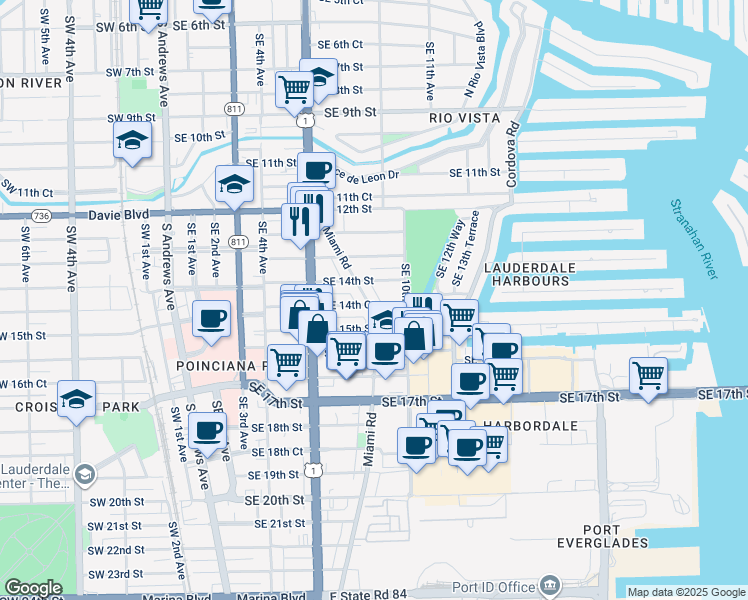 map of restaurants, bars, coffee shops, grocery stores, and more near 1412 Miami Road in Fort Lauderdale