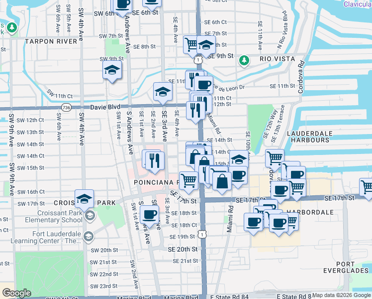 map of restaurants, bars, coffee shops, grocery stores, and more near 1401 S Federal Hwy in Fort Lauderdale