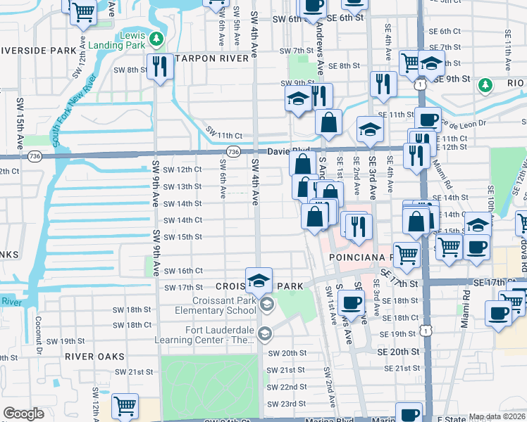 map of restaurants, bars, coffee shops, grocery stores, and more near 322 Southwest 14th Street in Fort Lauderdale