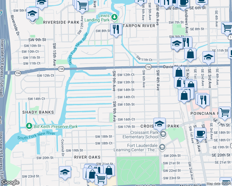 map of restaurants, bars, coffee shops, grocery stores, and more near 838 Southwest 14th Street in Fort Lauderdale