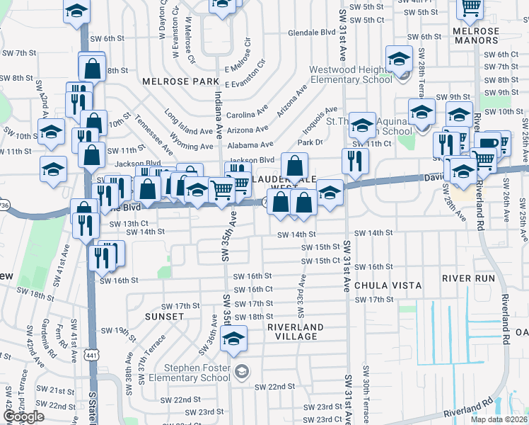 map of restaurants, bars, coffee shops, grocery stores, and more near 3390 Davie Boulevard in Fort Lauderdale