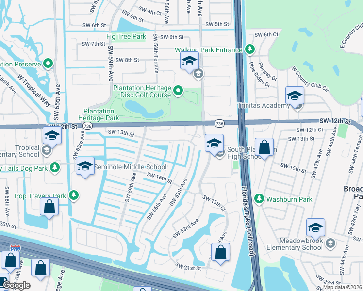 map of restaurants, bars, coffee shops, grocery stores, and more near 1300 Southwest 56th Avenue in Plantation