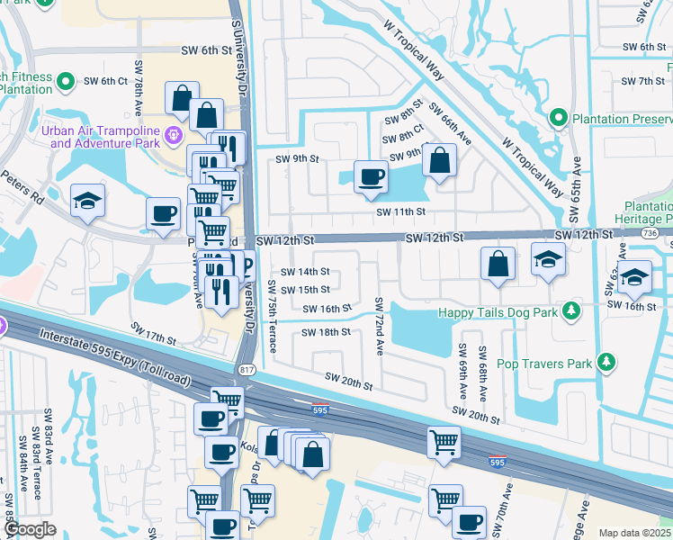 map of restaurants, bars, coffee shops, grocery stores, and more near 1400 Southwest 74th Avenue in Plantation