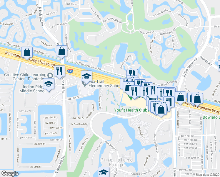 map of restaurants, bars, coffee shops, grocery stores, and more near 3345 Evergreen Place in Davie