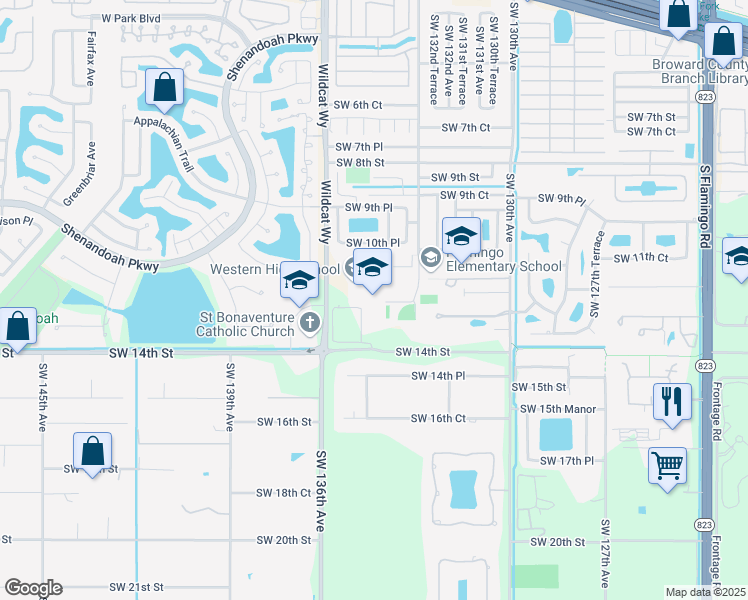 map of restaurants, bars, coffee shops, grocery stores, and more near 1200 Southwest 136th Avenue in Davie