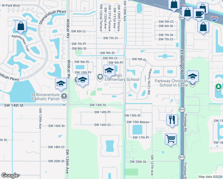 map of restaurants, bars, coffee shops, grocery stores, and more near 1201 Southwest 130th Avenue in Davie