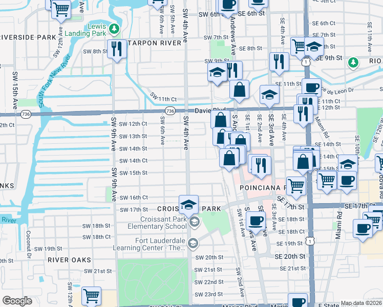 map of restaurants, bars, coffee shops, grocery stores, and more near 322 Southwest 14th Street in Fort Lauderdale