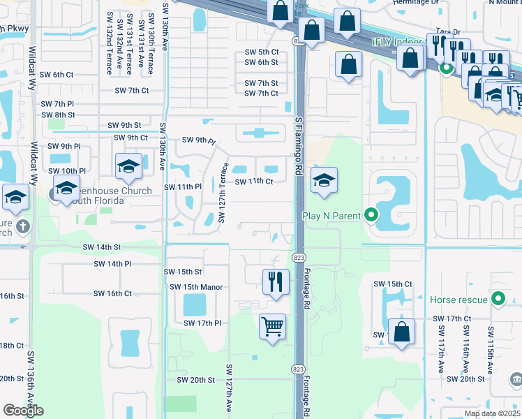 map of restaurants, bars, coffee shops, grocery stores, and more near 12520 Lake Road in Davie