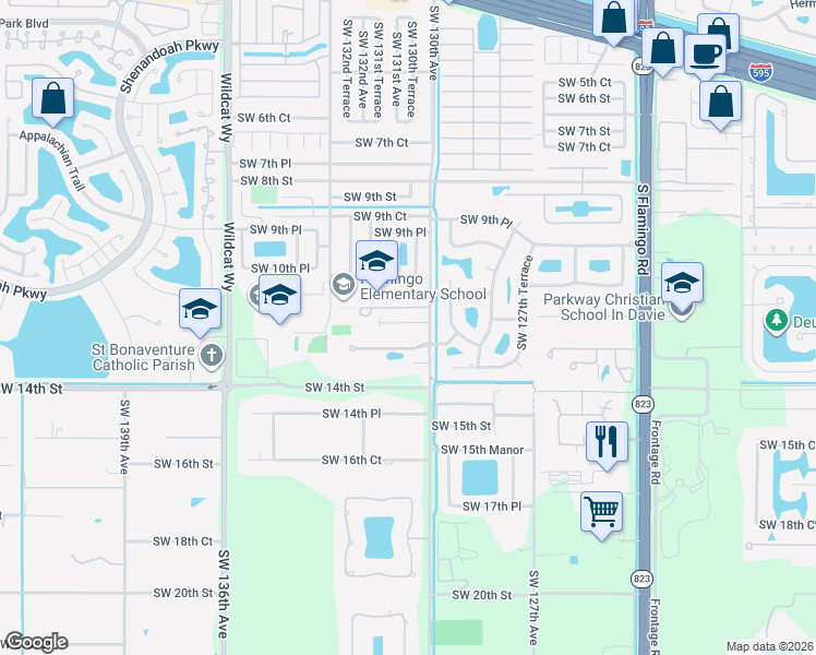 map of restaurants, bars, coffee shops, grocery stores, and more near 1201 Southwest 130th Avenue in Davie