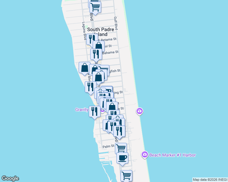 map of restaurants, bars, coffee shops, grocery stores, and more near 128 East Whiting Street in South Padre Island