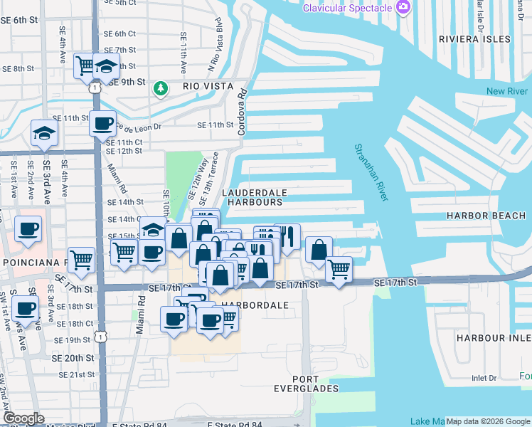 map of restaurants, bars, coffee shops, grocery stores, and more near 1519 Southeast 14th Street in Fort Lauderdale