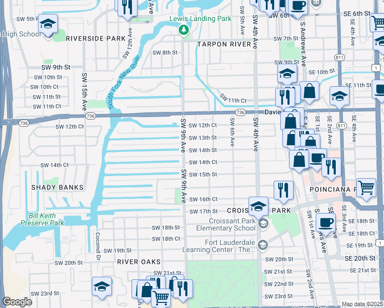 map of restaurants, bars, coffee shops, grocery stores, and more near 838 Southwest 14th Street in Fort Lauderdale