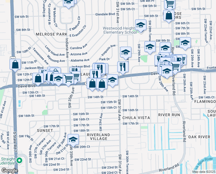 map of restaurants, bars, coffee shops, grocery stores, and more near 3136 Southwest 13th Street in Fort Lauderdale