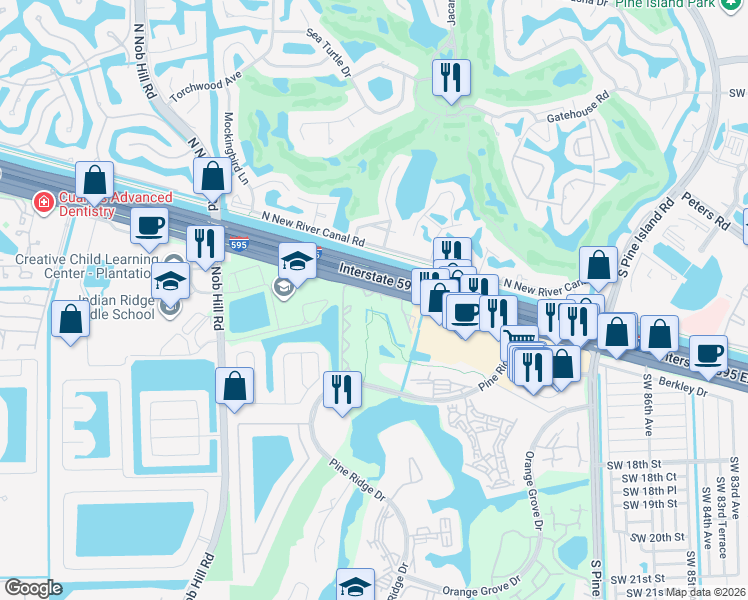 map of restaurants, bars, coffee shops, grocery stores, and more near 3345 Evergreen Place in Davie