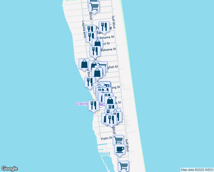map of restaurants, bars, coffee shops, grocery stores, and more near 109 East Swordfish Street in South Padre Island