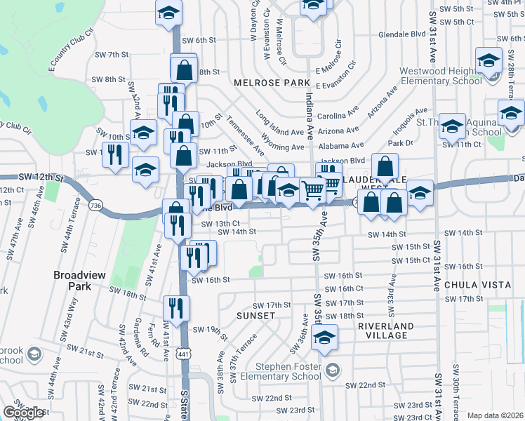 map of restaurants, bars, coffee shops, grocery stores, and more near 3636 Davie Boulevard in Fort Lauderdale