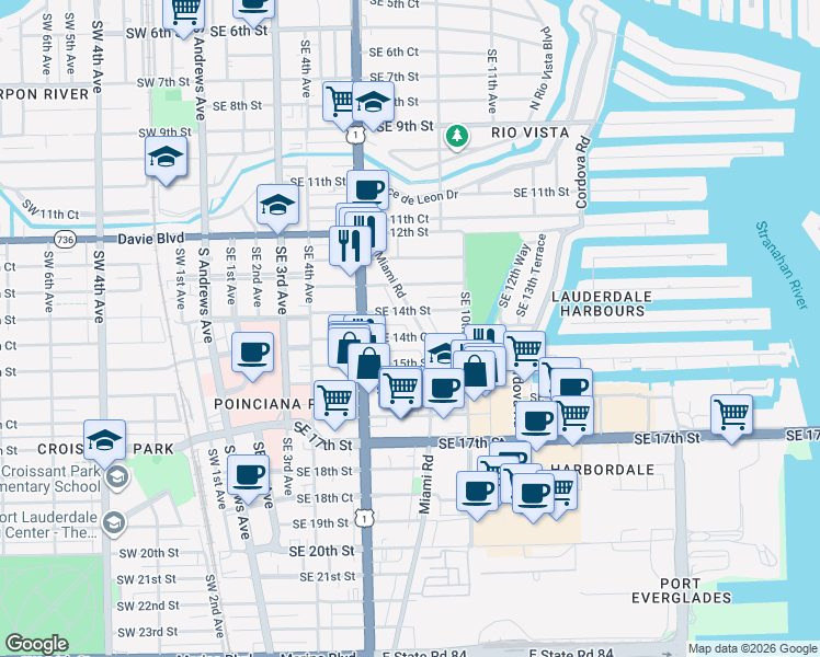 map of restaurants, bars, coffee shops, grocery stores, and more near 1412 Miami Road in Fort Lauderdale